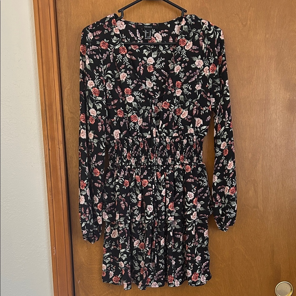 Forever 21 Black Floral Smocked Dress